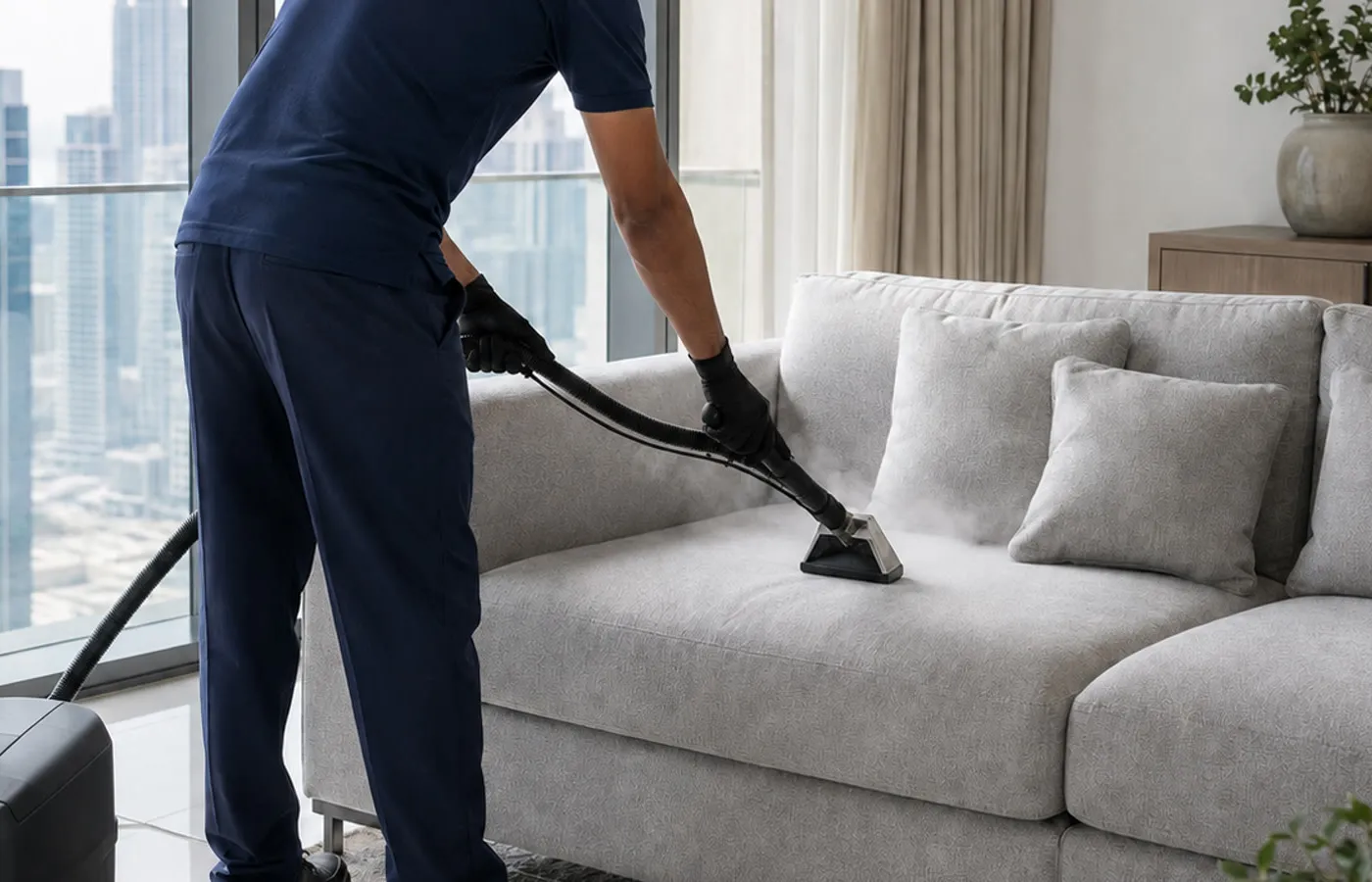 Cleaning technician steam-cleaning a fabric sofa in a modern Dubai apartment