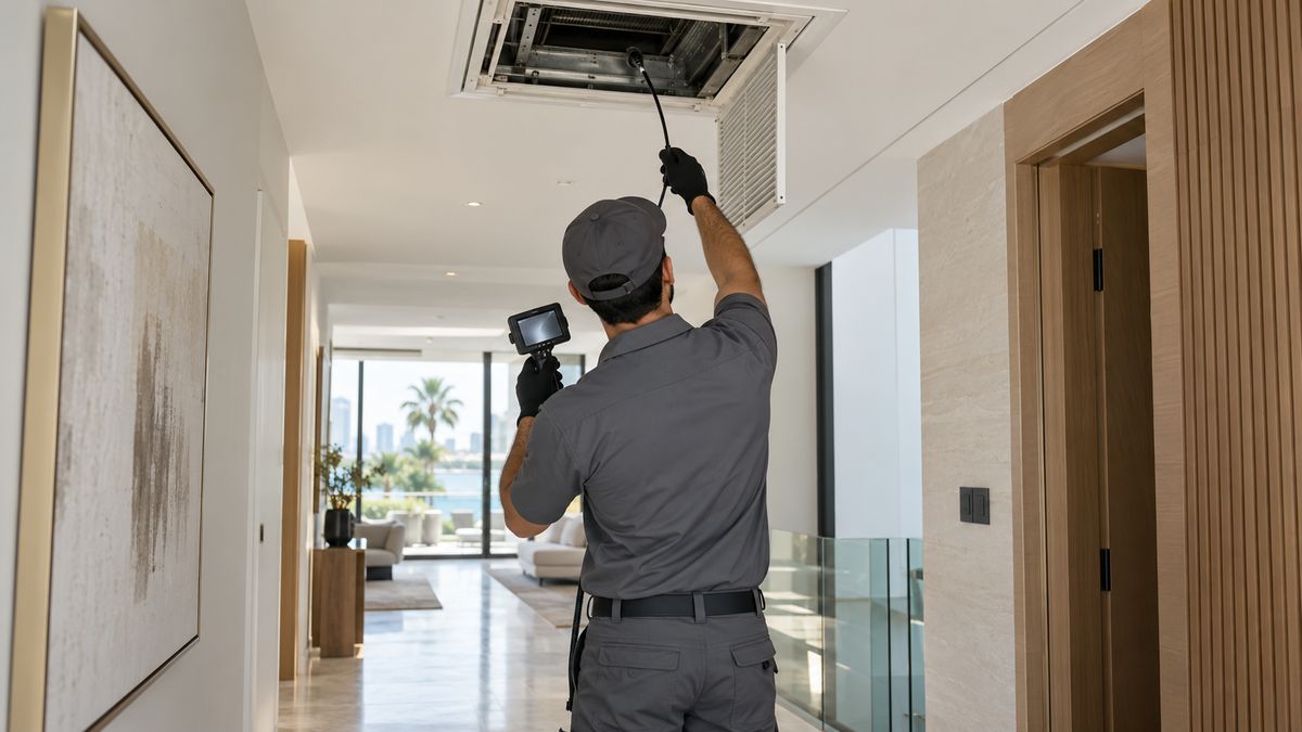Technician inspecting AC ductwork through a ceiling vent in a Dubai villa before quoting