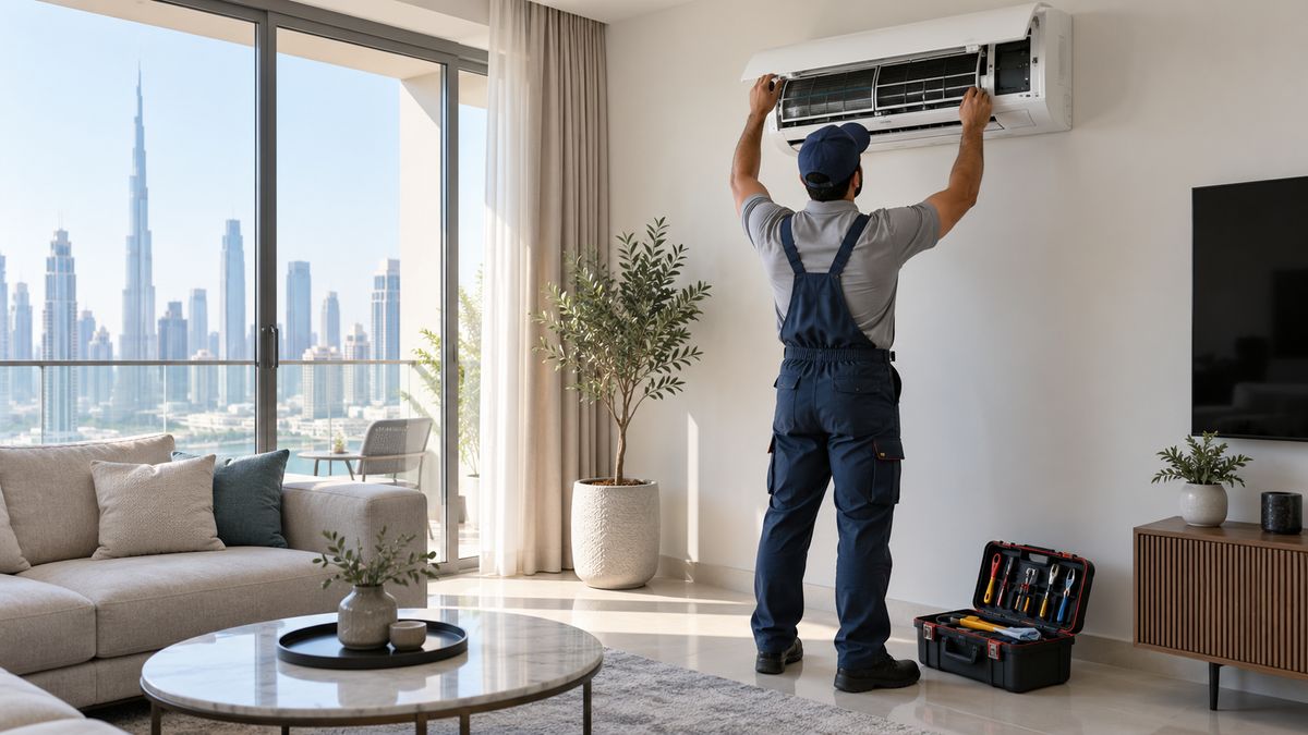 AC technician checking a wall-mounted split unit in a modern Dubai apartment