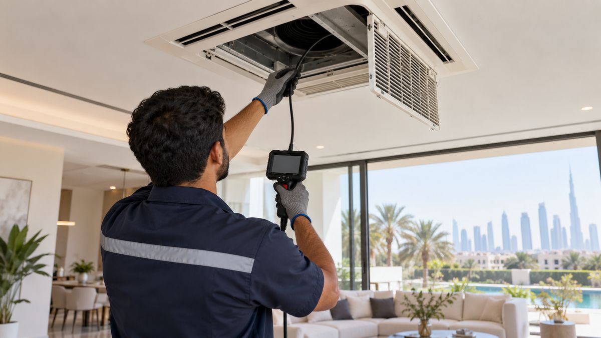 Technician inspecting a ceiling AC vent in a Dubai villa with a flexible camera