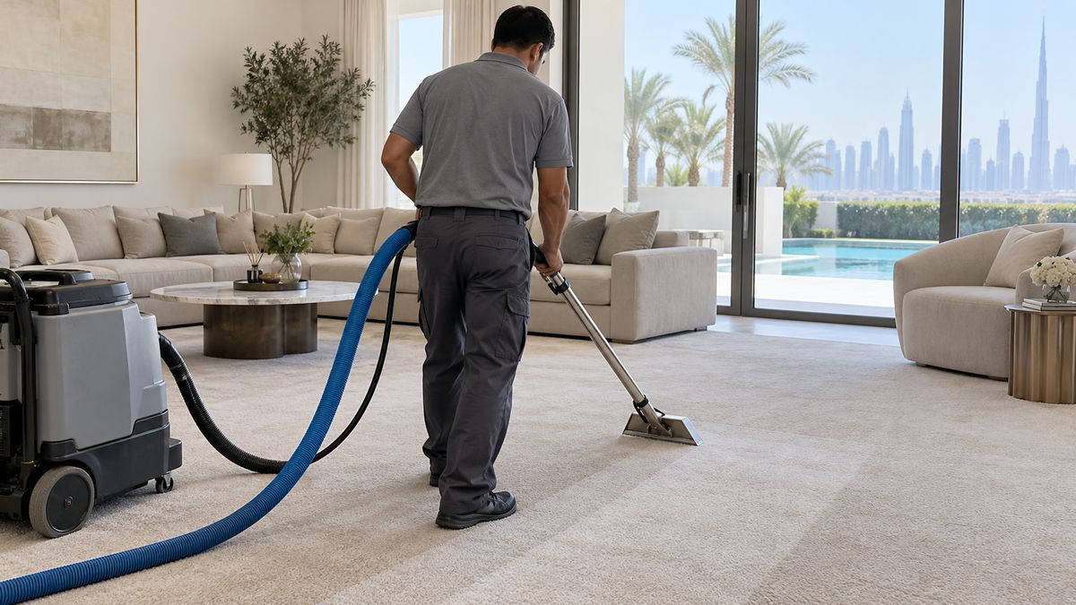 Technician using a hot-water extraction wand on wall-to-wall carpet in a modern Dubai villa living room