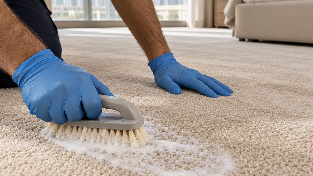 Technician hands working foam cleaner into a beige carpet with a brush in a Dubai apartment