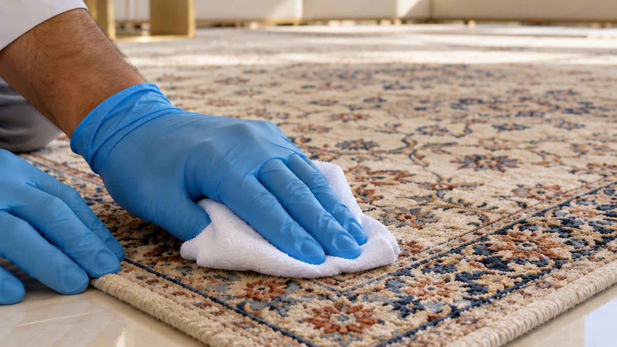 Technician testing a wool rug corner with a damp white cloth in a bright Dubai villa majlis