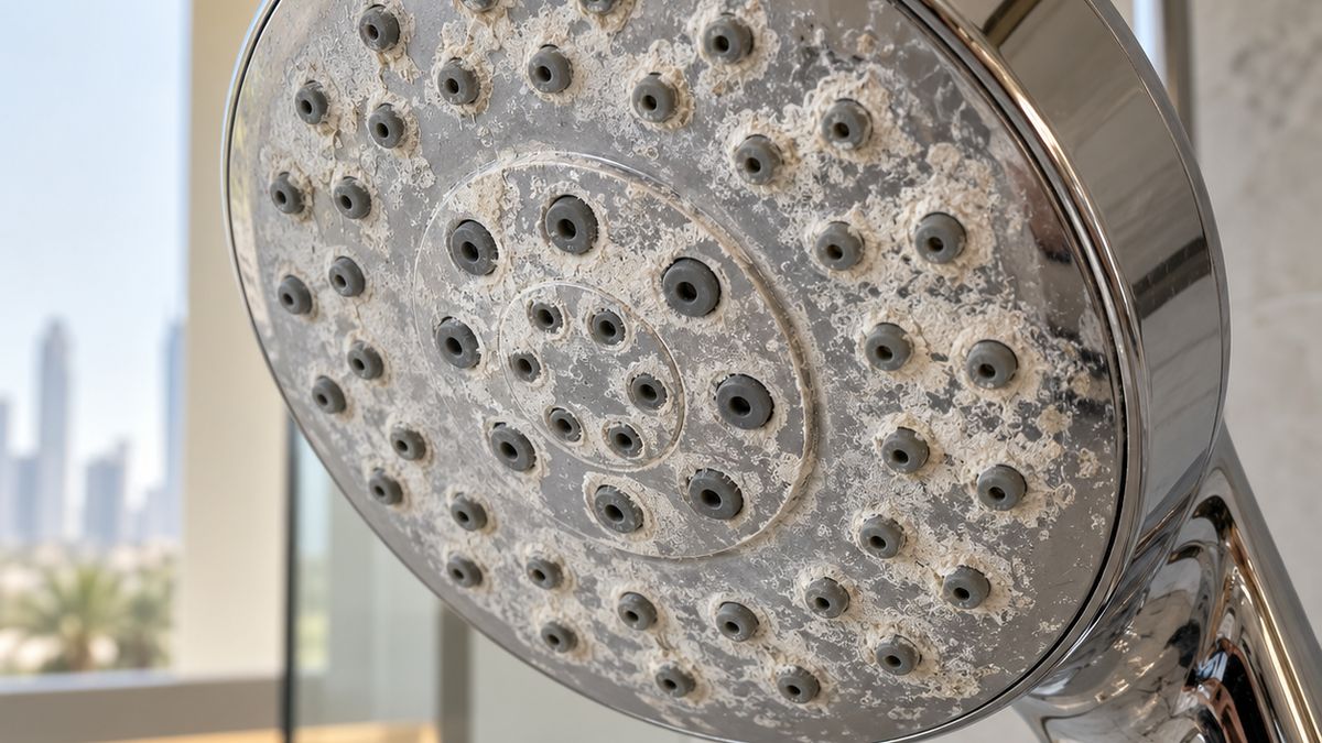 Close-up of limescale on a chrome shower head in a Dubai villa bathroom