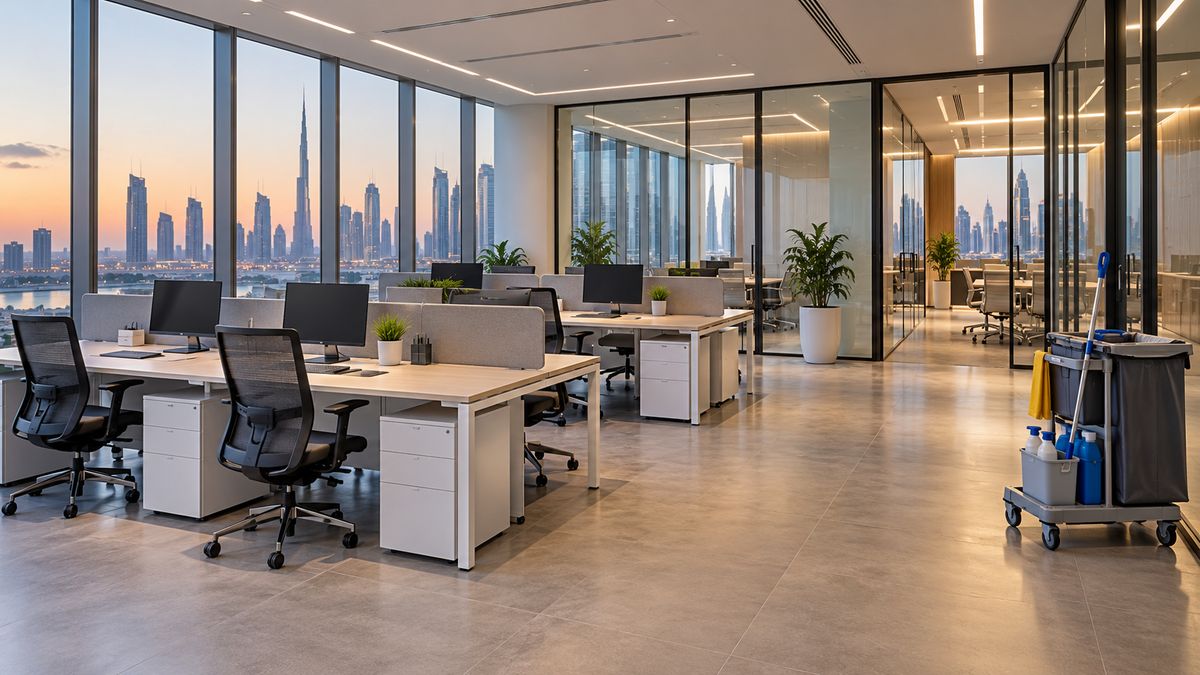 Open-plan Dubai office in the evening with tidy desks, ready for an after-hours clean
