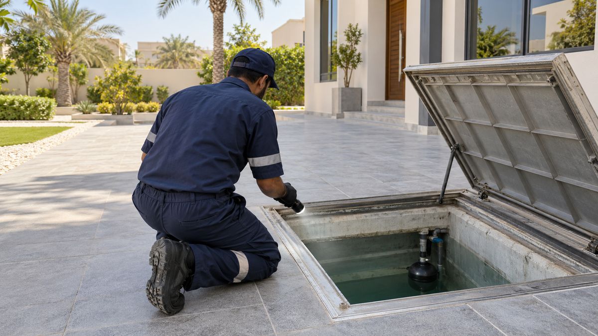 Technician inspecting the hatch of an underground water tank at a modern Dubai villa