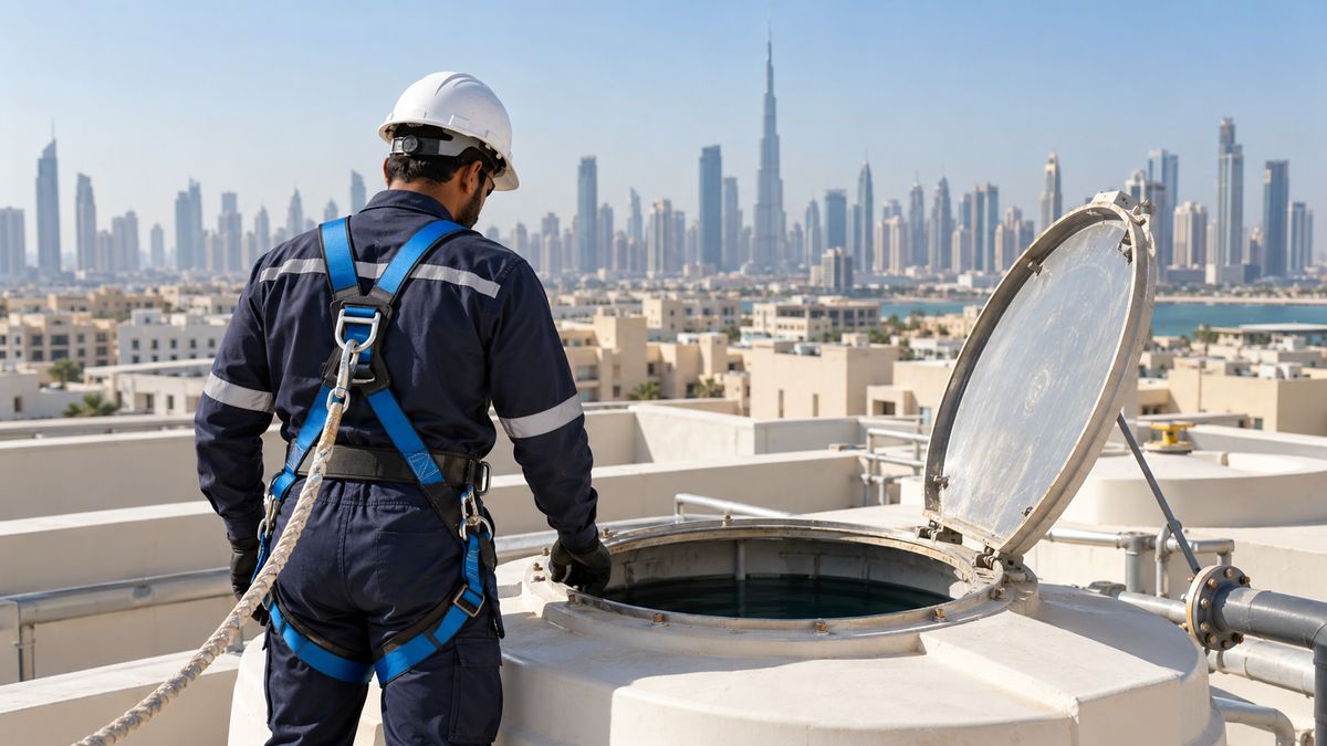Technician in a safety harness at the edge of a rooftop water tank on a Dubai apartment building