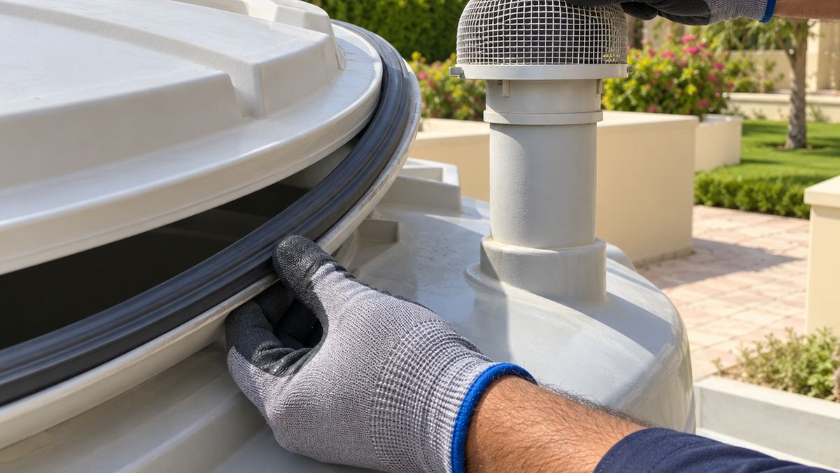 Gloved hands checking the cover seal and vent mesh of a villa water tank in a Dubai garden
