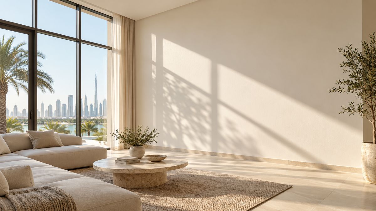 Living room in a Dubai villa with strong afternoon sun falling across a matt painted wall