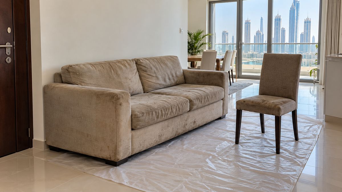 Old fabric sofa wrapped and placed near the door of a modern Dubai apartment ready for removal
