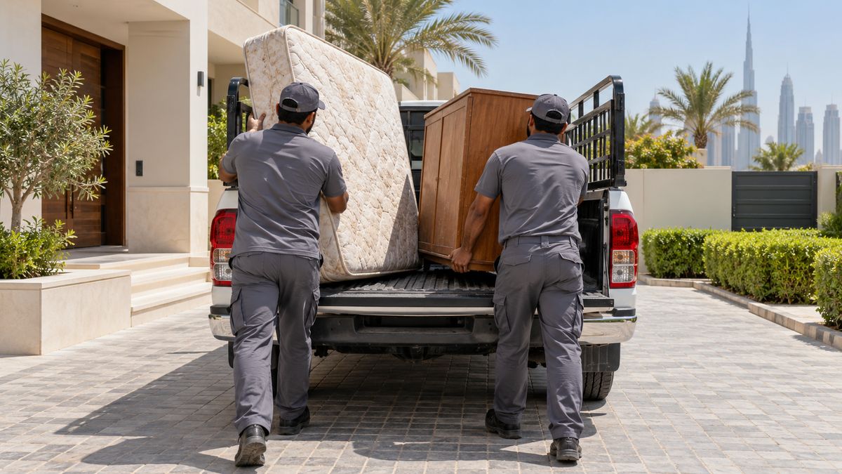 Pickup truck being loaded with old furniture on the driveway of a Dubai villa