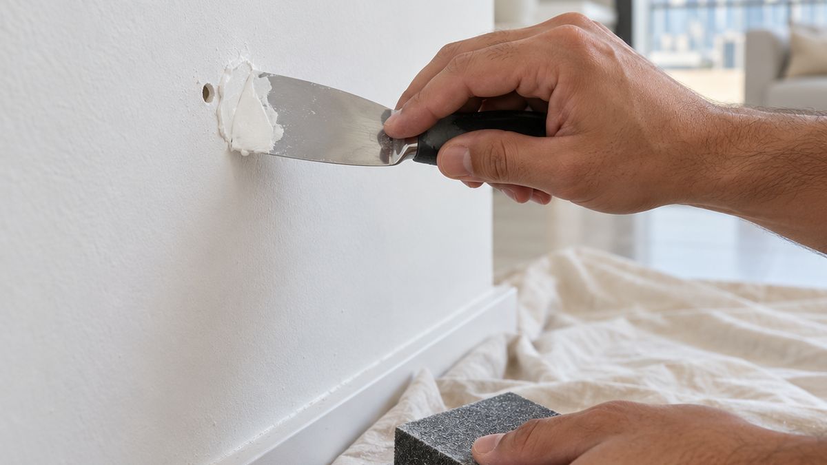 Hands filling a screw hole in an apartment wall with filler using a putty knife before painting in Dubai