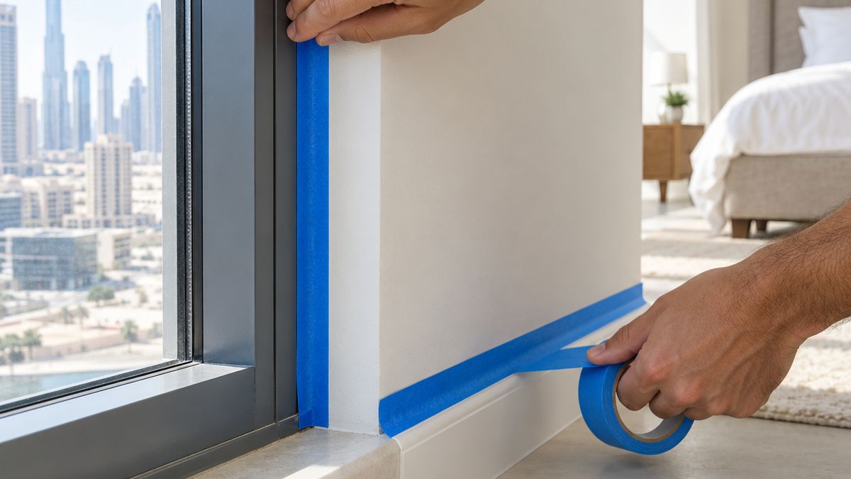 Window frame and skirting board masked with blue tape ahead of painting in a Dubai apartment bedroom