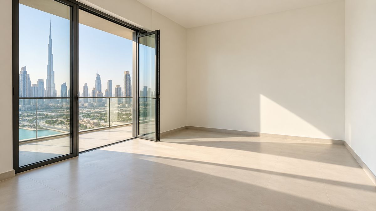 Freshly painted empty bedroom in a Dubai apartment with the balcony door open for ventilation