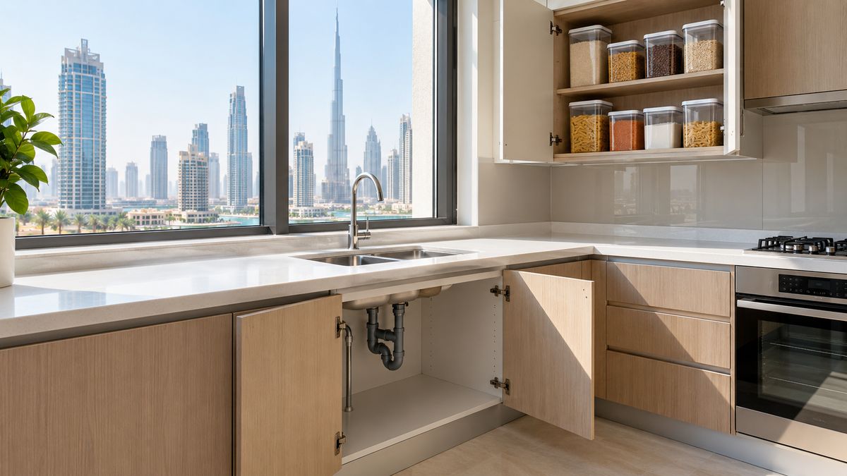 Cleared kitchen counter with food stored away in a modern Dubai apartment before pest control treatment