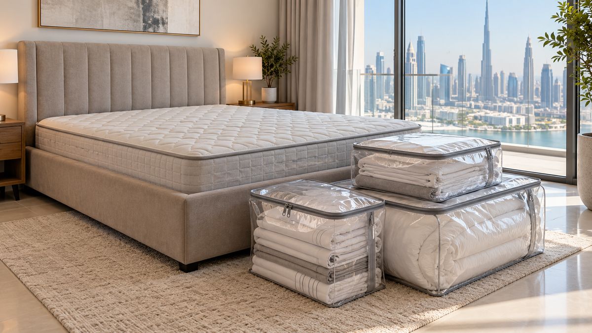 Stripped bed with linen sealed in bags in a Dubai bedroom ready for pest control treatment