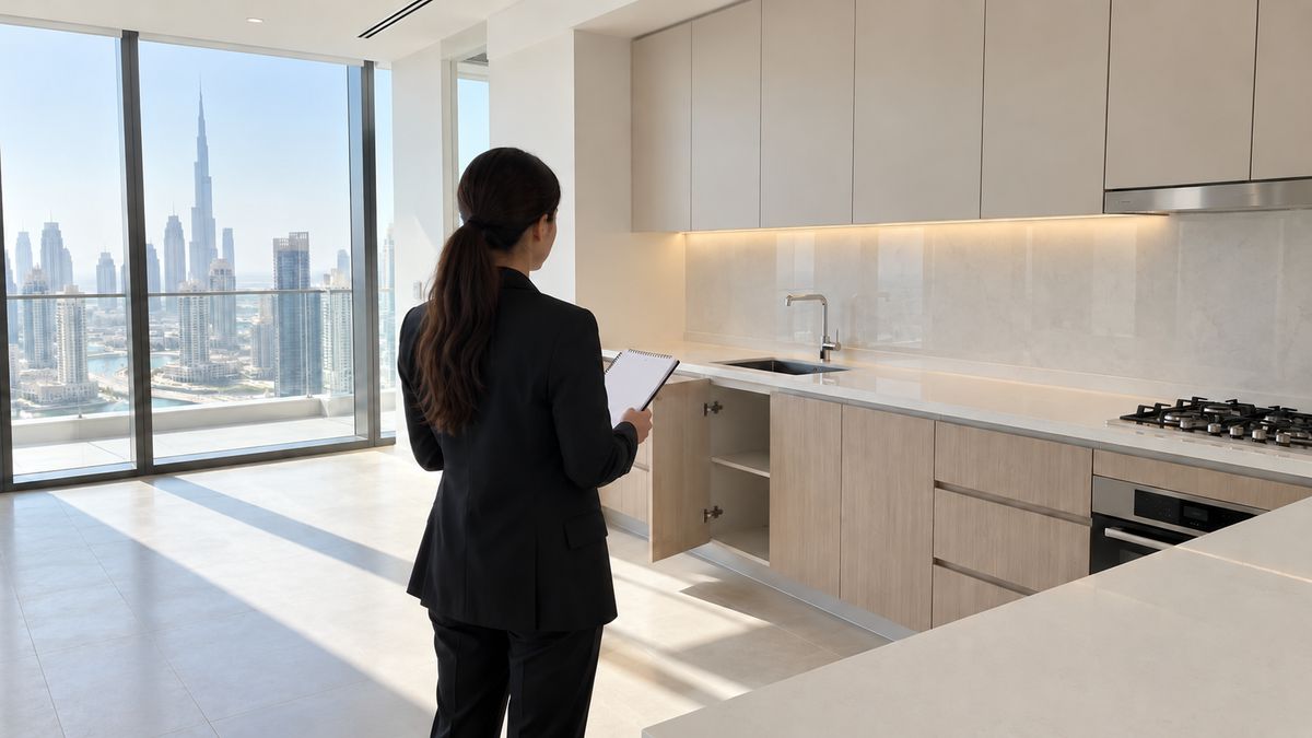 Person checking a kitchen countertop in an empty modern Dubai apartment before move-in cleaning