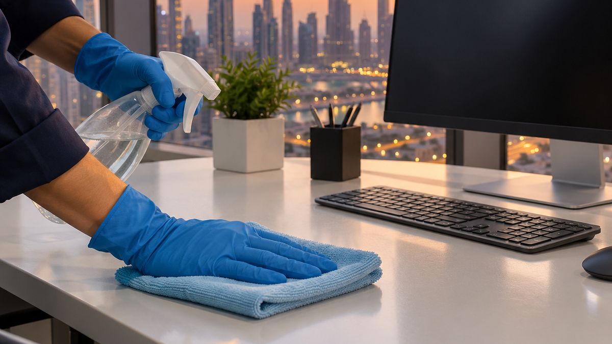 Cleaner wiping a tidy desk surface with a microfibre cloth in a modern Dubai office in the evening