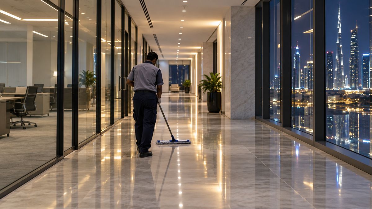 Long corridor of a modern Dubai office with polished floors being cleaned after working hours
