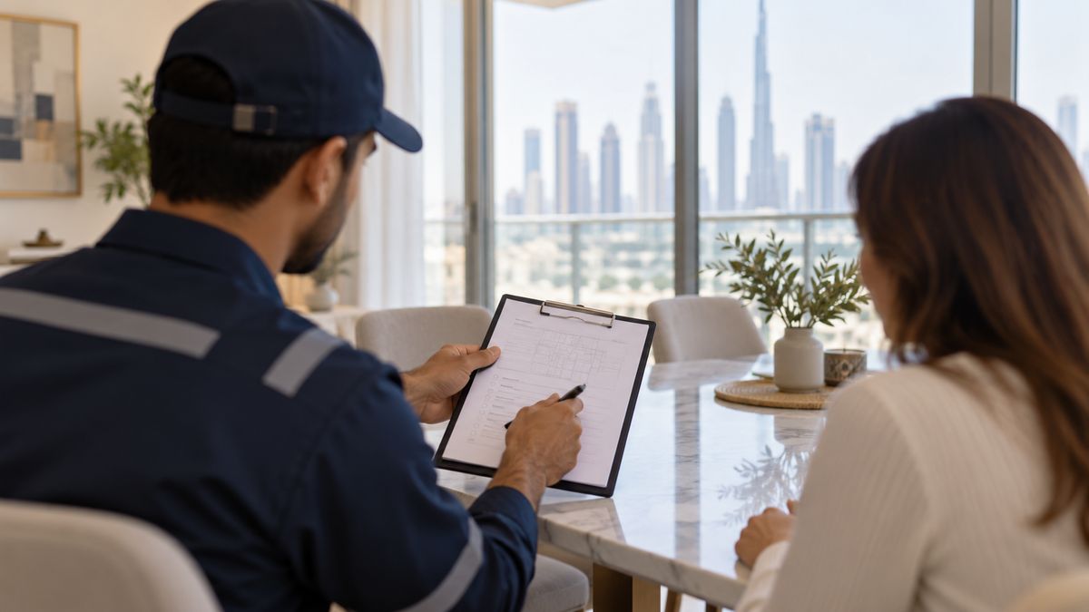 Resident reviewing a written pest control scope with a technician in a modern Dubai apartment
