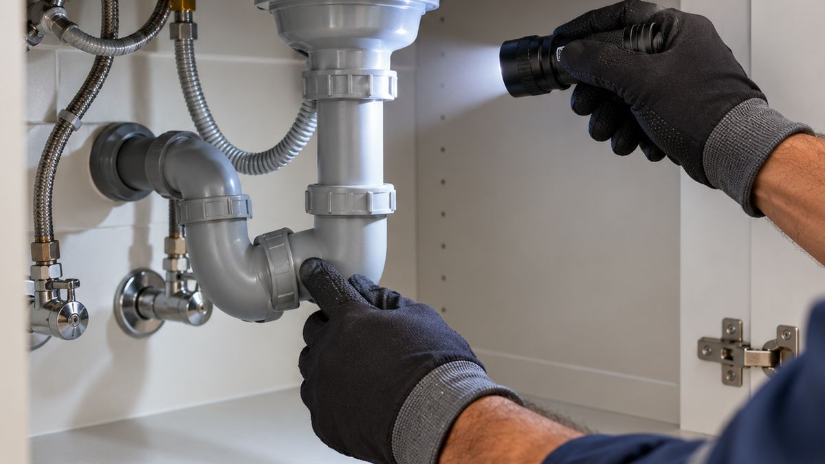Technician inspecting under a kitchen sink in a Dubai apartment before giving a pest control quote