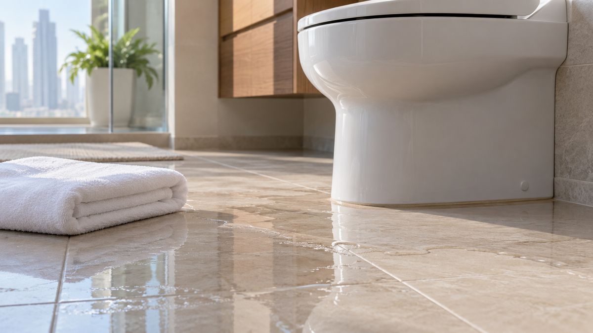 Thin film of water spreading across a tiled bathroom floor near a toilet in a Dubai home