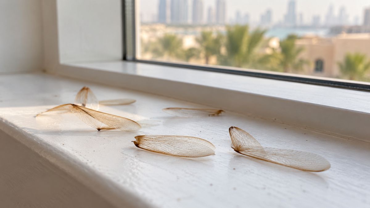 Small pile of equal-sized discarded insect wings on a white windowsill in a Dubai home
