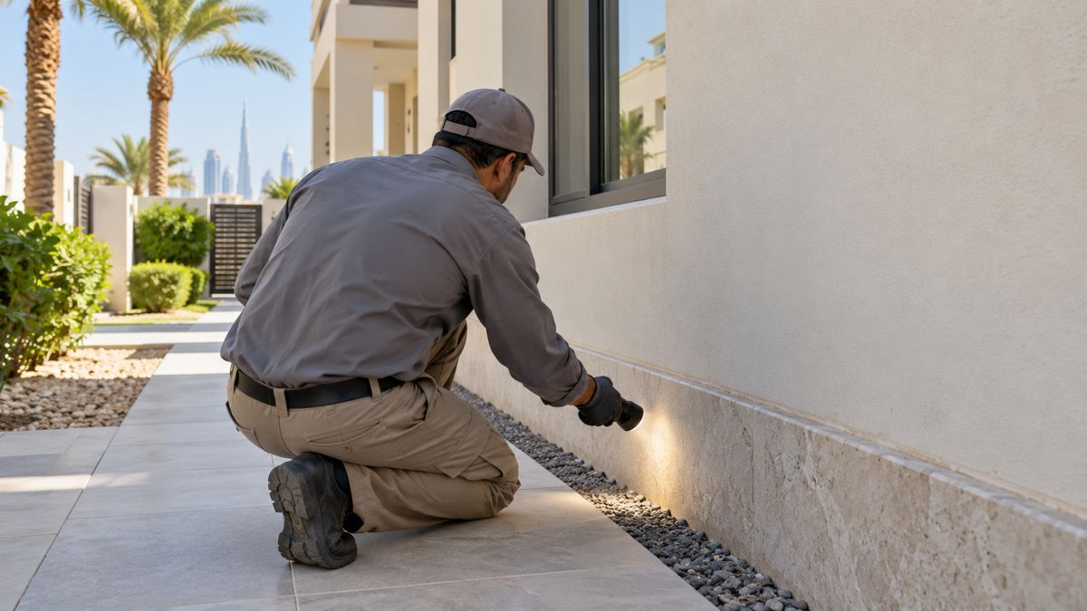 Technician shining a torch along the base of a villa wall during a termite inspection in Dubai