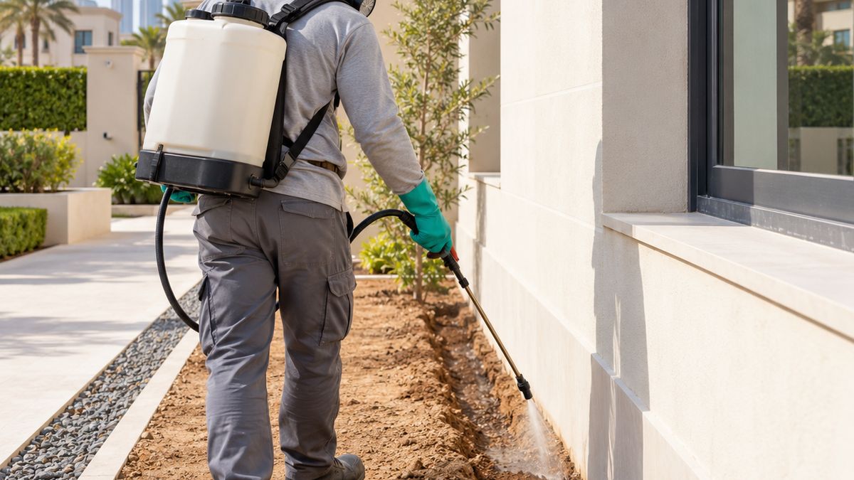 Technician in protective gloves and respirator applying soil treatment beside a Dubai villa wall