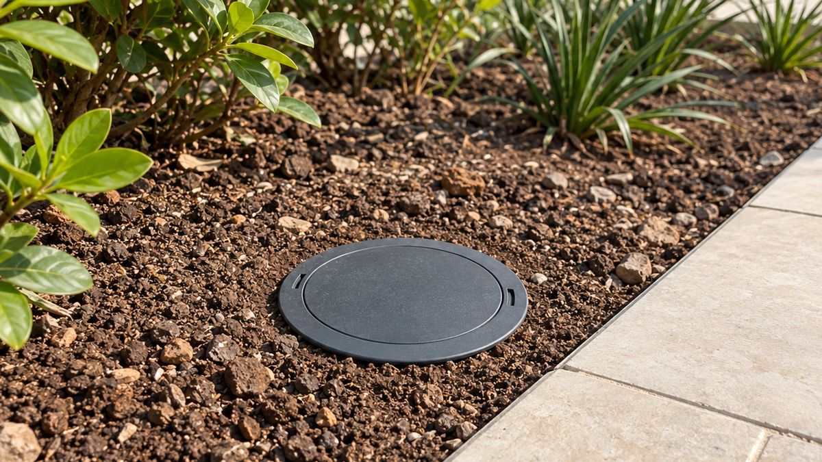 Small in-ground monitoring station cover set in the soil of a Dubai villa garden