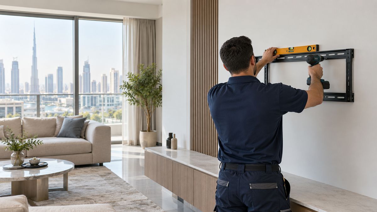 Technician mounting a TV bracket on a wall in a Dubai apartment living room