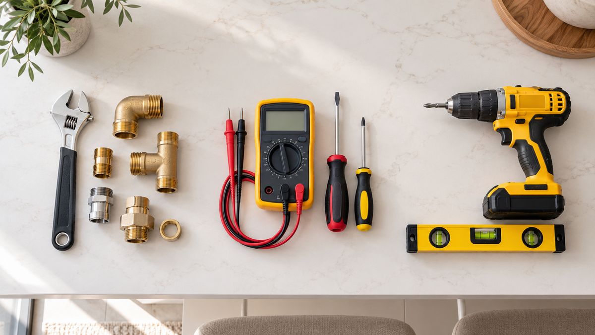 Illustration of tools for plumbing, electrical and general repair laid out on a table in a Dubai home