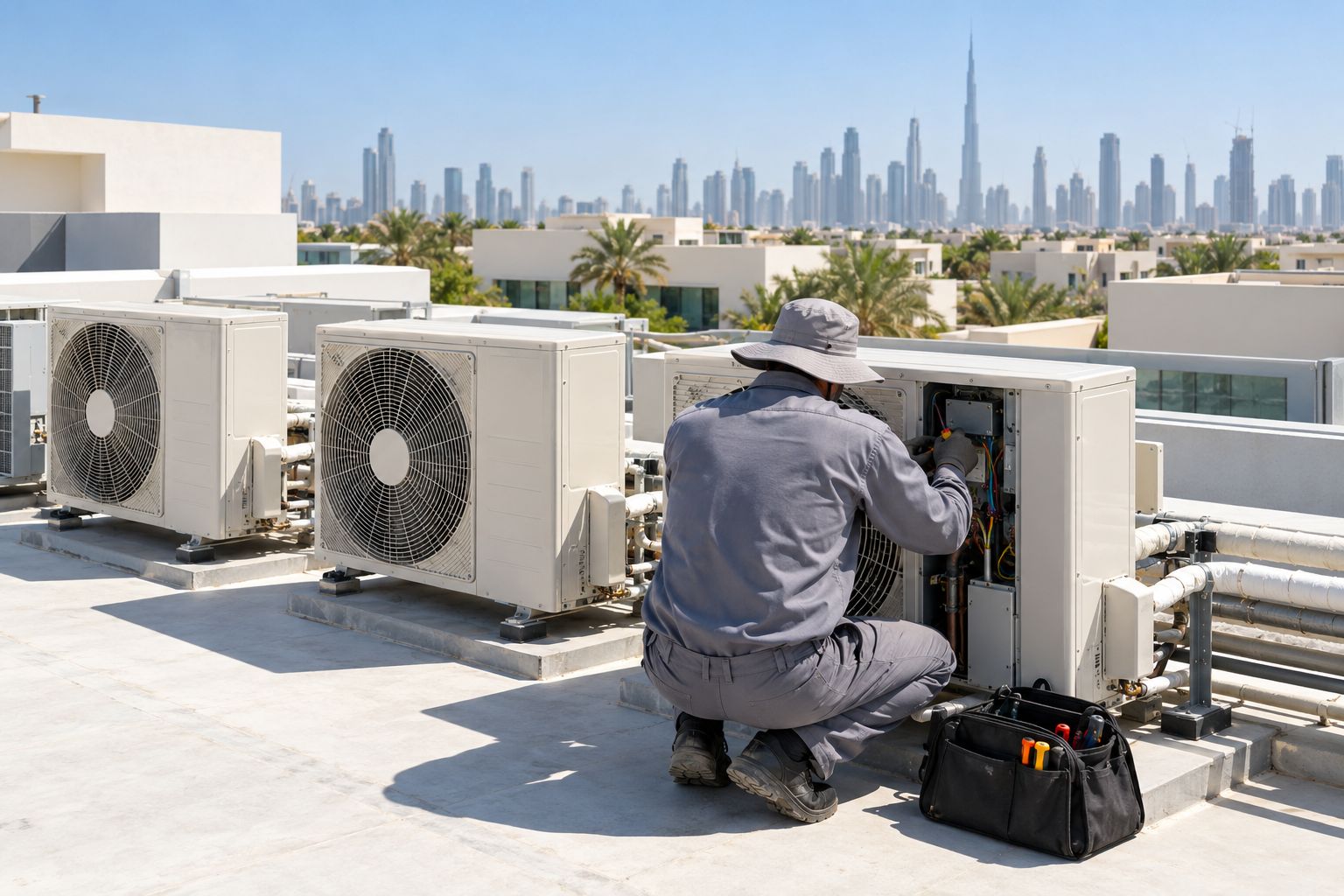 Rooftop condenser in summer heat